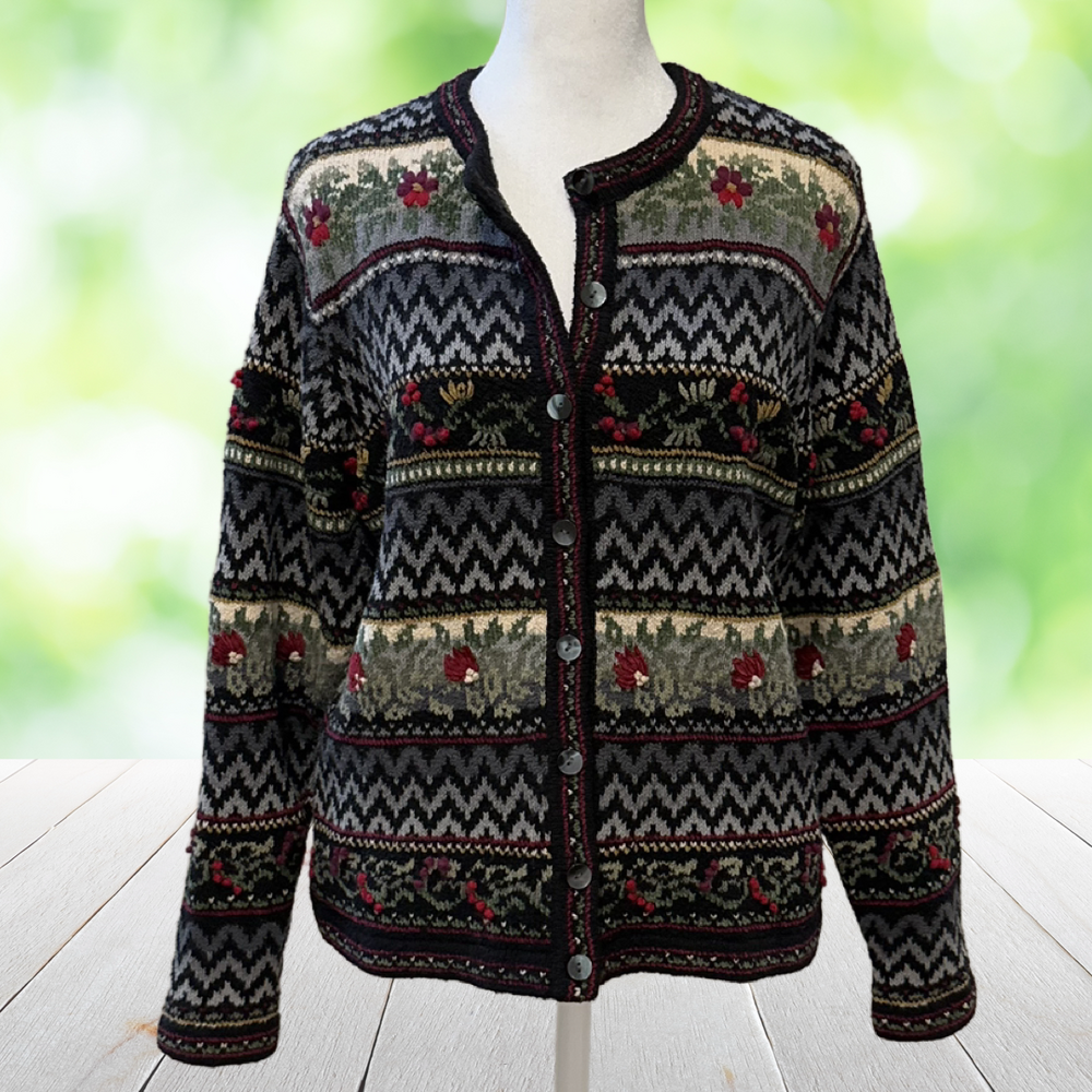 Vtg TALBOTS Embroidered Fair Isle Cardigan Silk Blend Nordic Folk Art Floral S